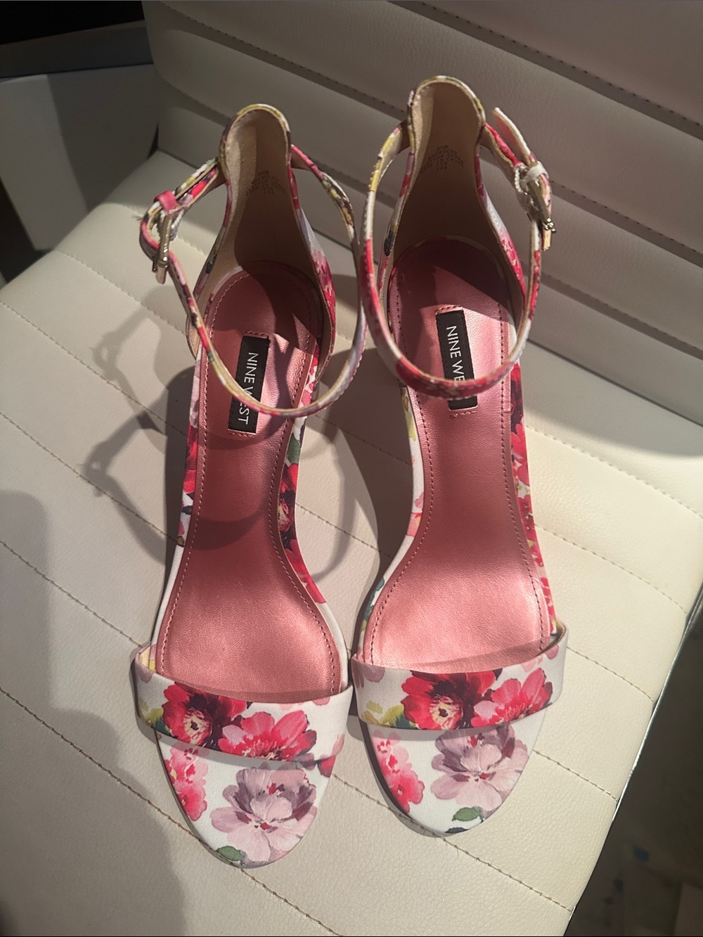 Nine West Pink Floral Ankle-Strap Sandals 8.5 …. 2.5 inch heel